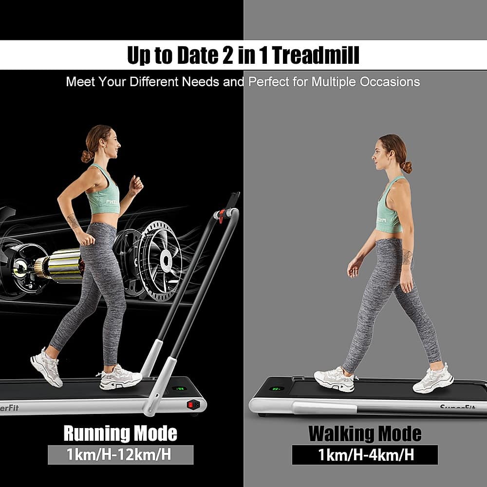 Up to Date 2 in 1 Treadmill Meet Your Different Needs and Perfect for Multiple Occasions. Running Mode: 1 km/H-12 km/H. Walking Mode: 1 km/H-4 km/H.