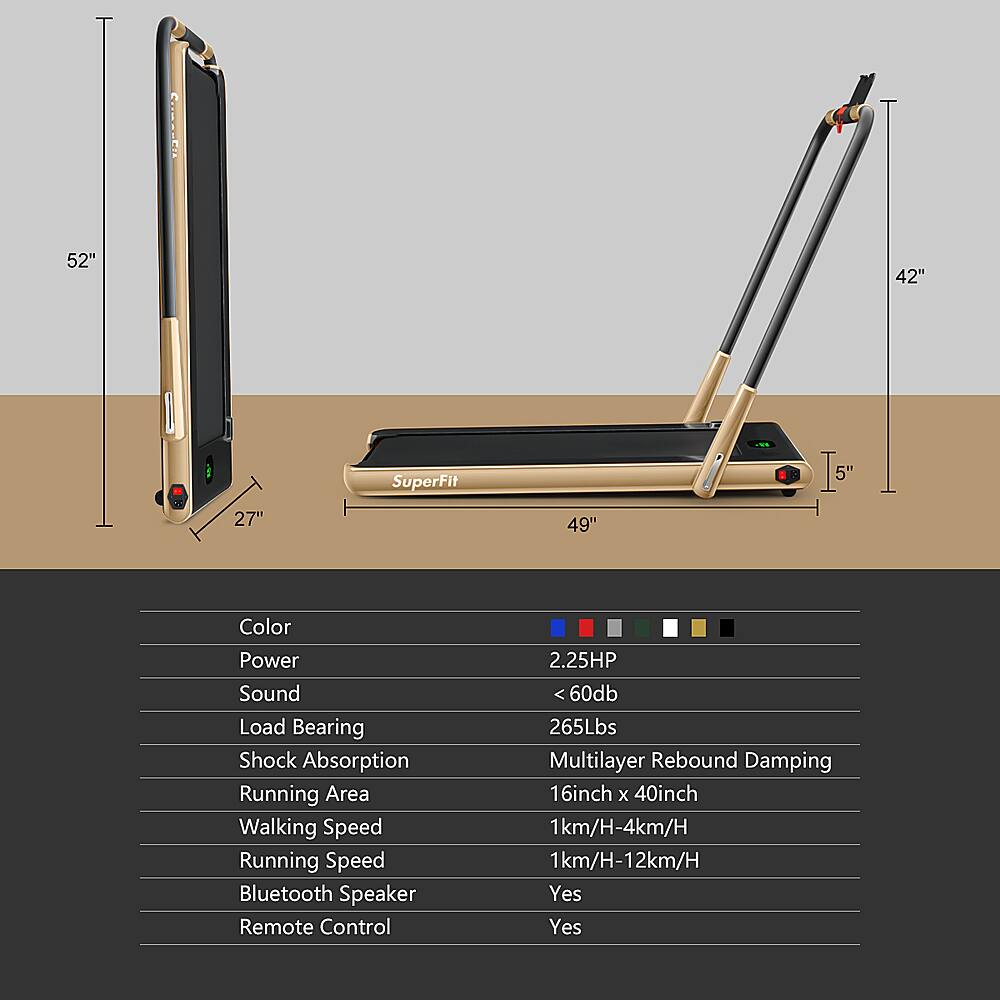 The text on the image is grouped and corrected as follows:

1. Color: 27" 49"
2. Power: 2.25HP
3. Sound: 60db
4. Load Bearing: 265Lbs
5. Shock Absorption: Multilayer Rebound Damping
6. Running Area: 16inch x 40inch
7. Walking Speed: 1km/H-4km/H
8. Running Speed: 1km/H-12km/H
9. Bluetooth Speaker: Yes
10. Remote Control: Yes
