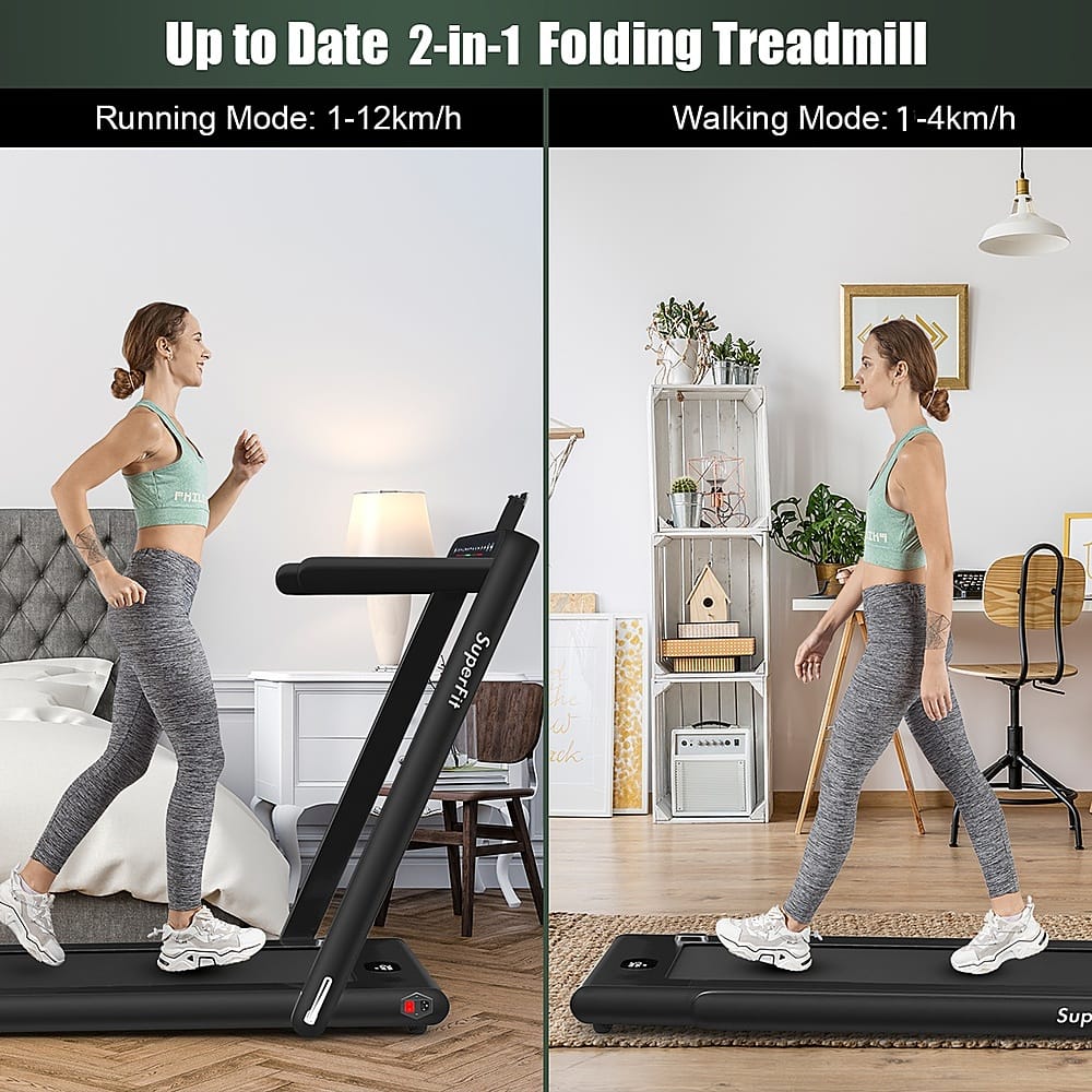 Up to Date 2-in-1 Folding Treadmill: Running Mode: 1-12 km/h, Walking Mode: 1-4 km/h.