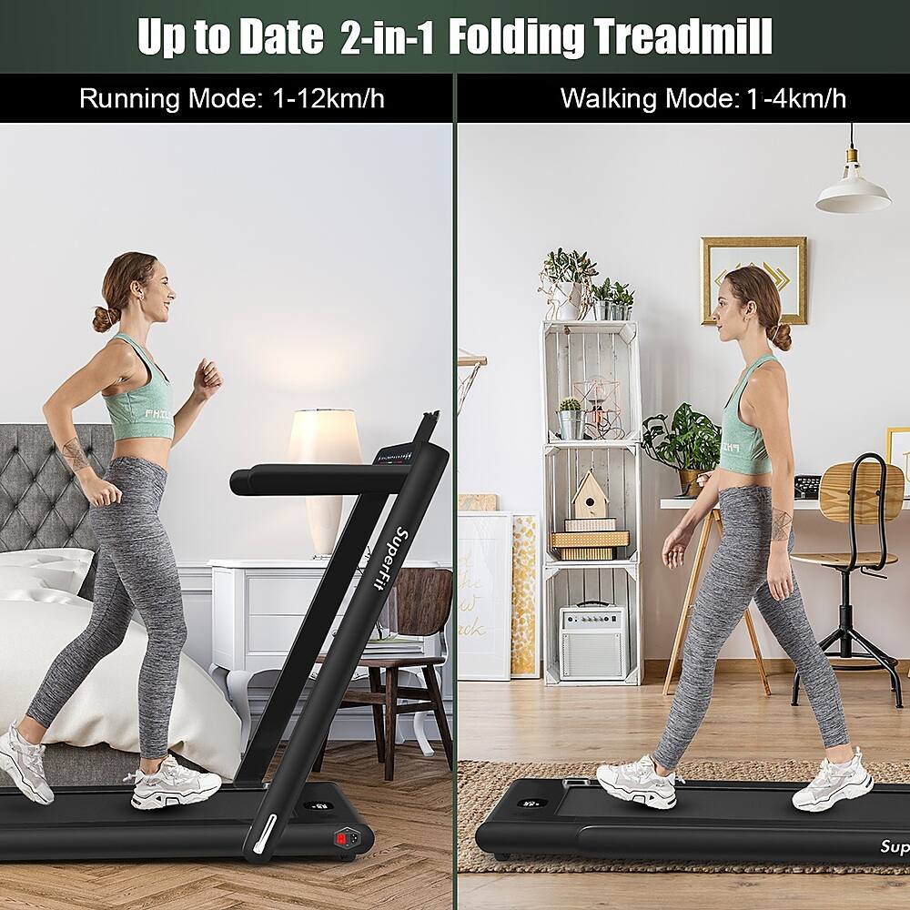 Up to Date 2-in-1 Folding Treadmill: Running Mode: 1-12 km/h, Walking Mode: 1-4 km/h.