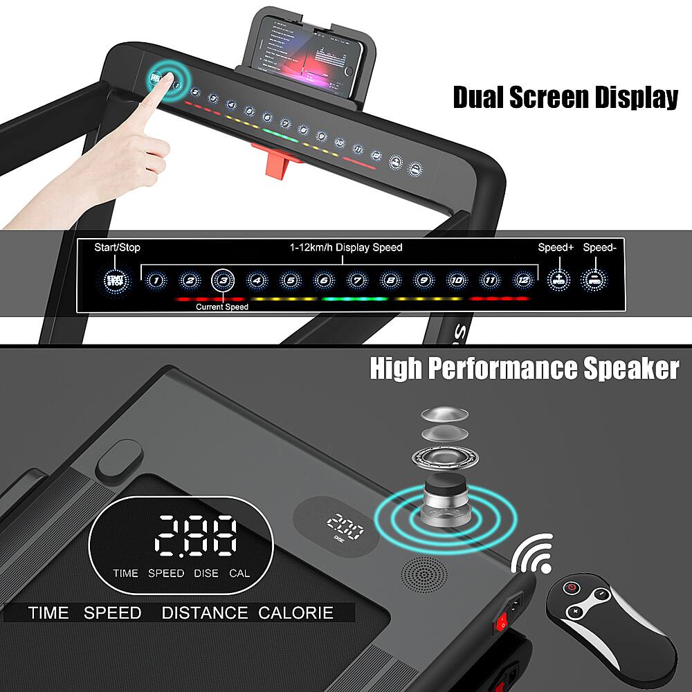 The image features a device with a dual screen display, which allows the user to monitor their speed and distance while exercising. The device also has a high performance speaker for an enhanced audio experience. The image also shows a person using the device, with a hand pointing at the screen. The device is designed to help users track their progress and stay motivated during their workouts.