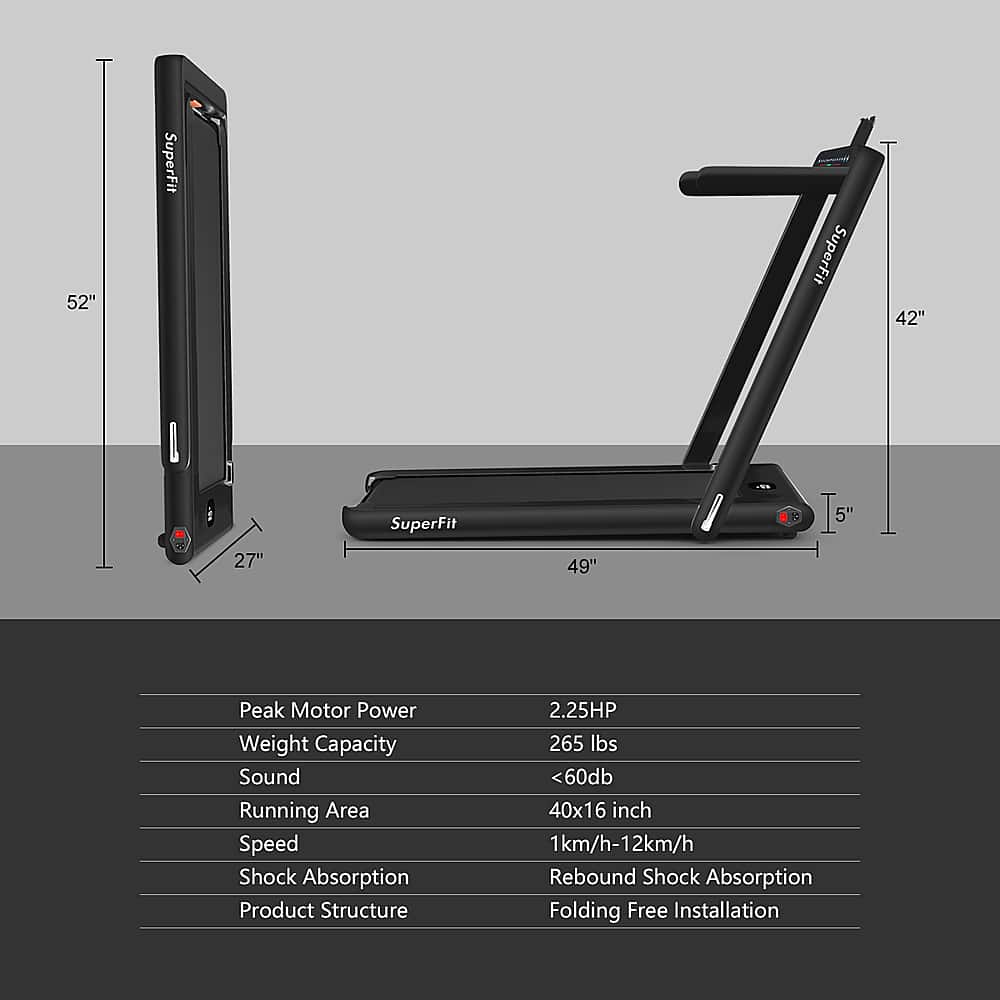 The text on the image is already grouped and correctly formatted. It describes the features of a SuperFit product, which includes a peak motor power of 2.25HP, a weight capacity of 265 lbs, a running area of 40x16 inches, and a shock absorption system. The product also has a folding free installation and is designed for a 1km/h-12km/h speed range.