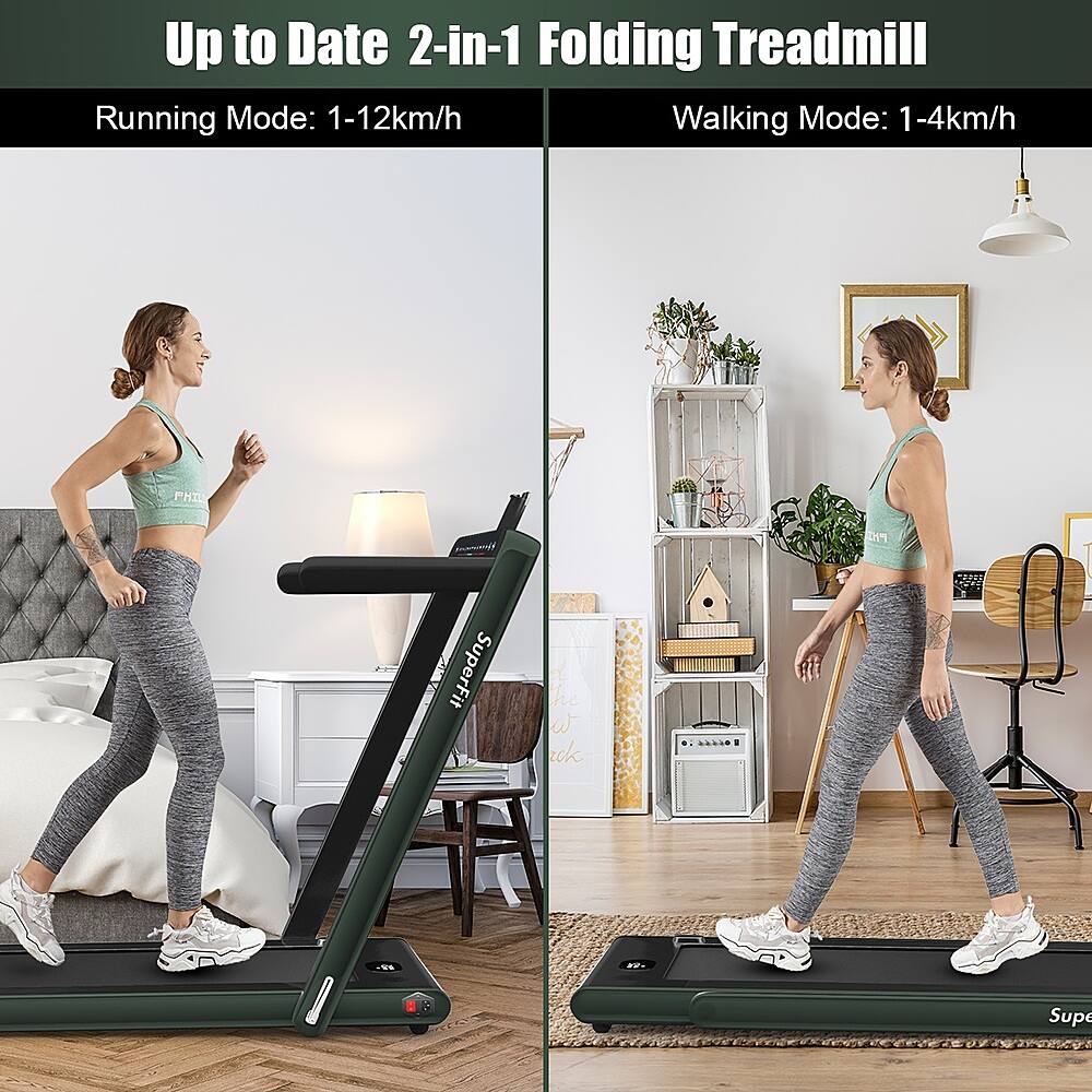 Up to date 2-in-1 folding treadmill running mode: 1-12 km/h walking mode: 1-4 km/h.