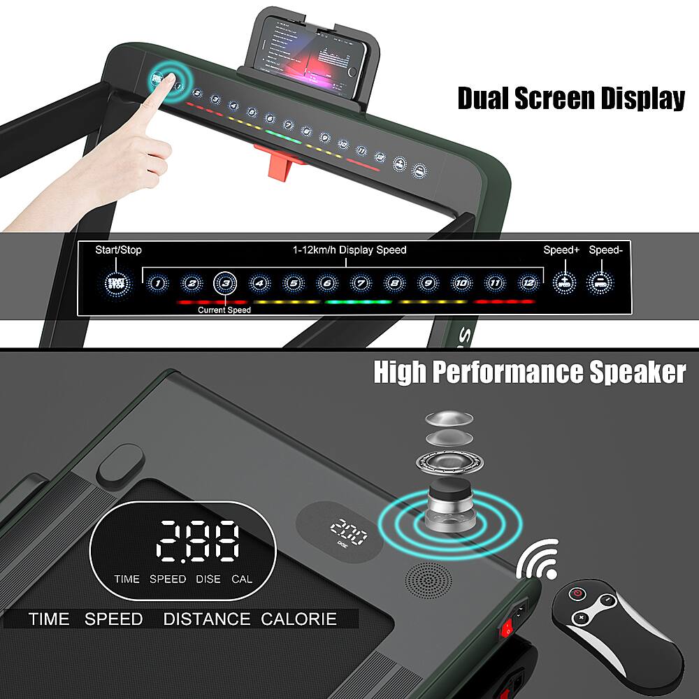 1. Dual Screen Display: Start/Stop, 1-12 km/h Display Speed, Speed+, Speed-, Current Speed, High Performance Speaker, 288 TIME SPEED DISTANCE CALORIE.