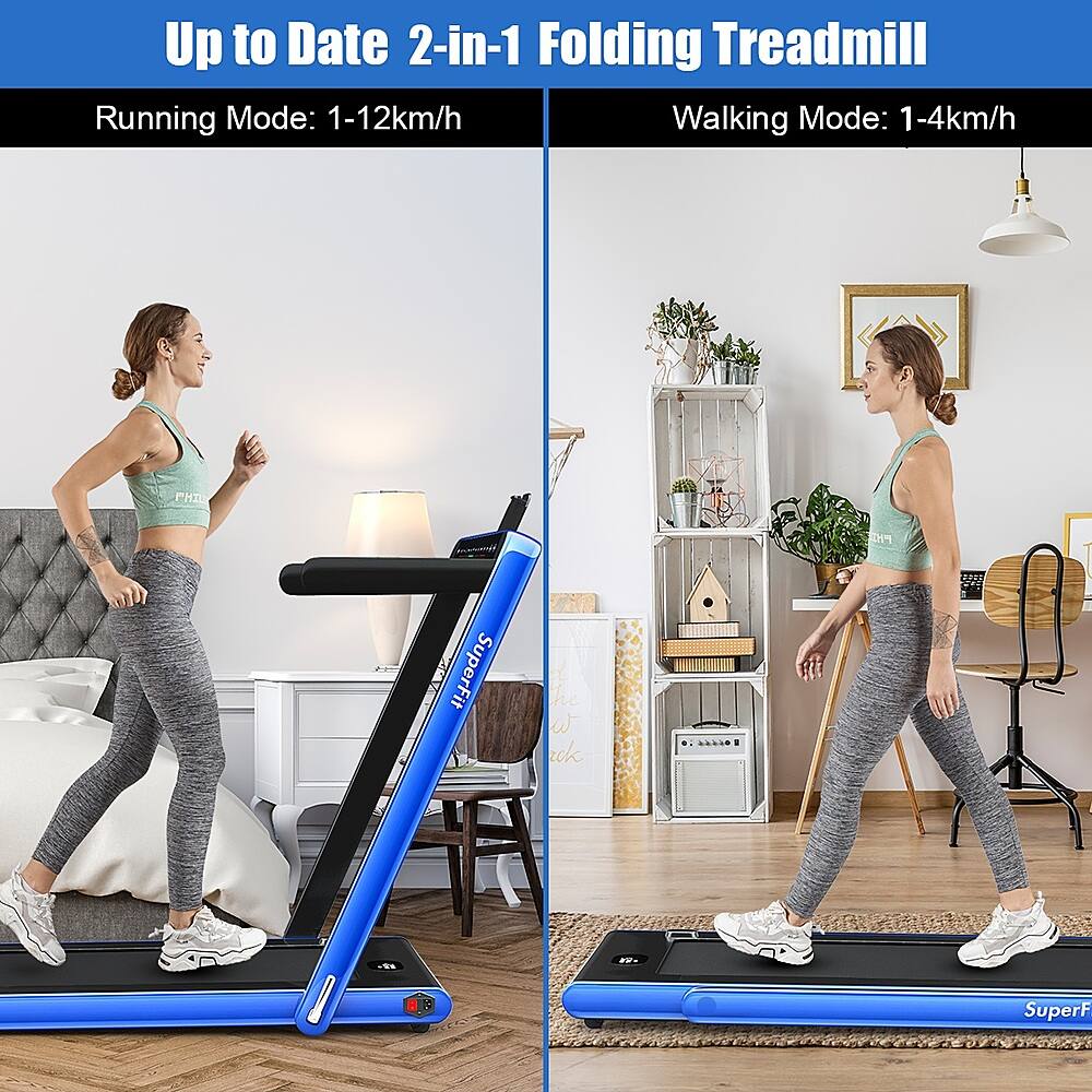 Up to Date 2-in-1 Folding Treadmill: Running Mode: 1-12 km/h, Walking Mode: 1-4 km/h.