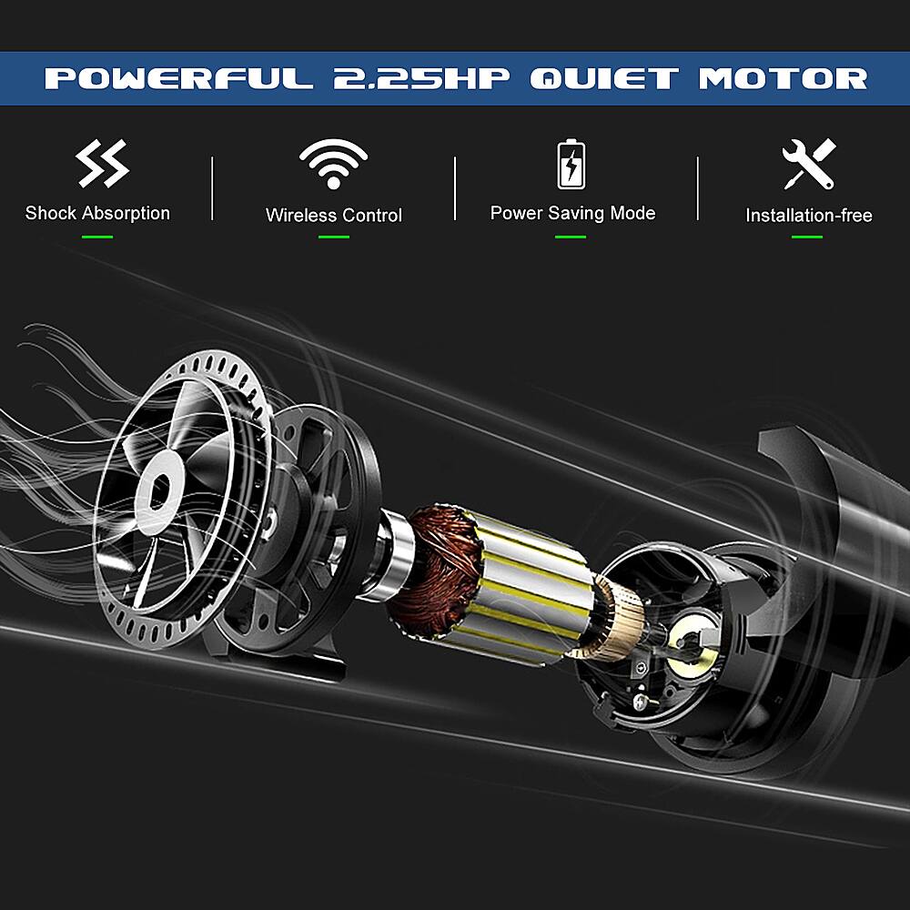 The text on the image is grouped and corrected as follows:

"Powerful 2.25HP Quiet Motor"

This text describes the motor as being powerful, having a 2.25 horsepower rating, and being quiet in operation. The motor also features shock absorption, wireless control, and a power-saving mode, making it an efficient and convenient choice for various applications. Additionally, the installation process is free, making it easy for users to set up and start using the motor.