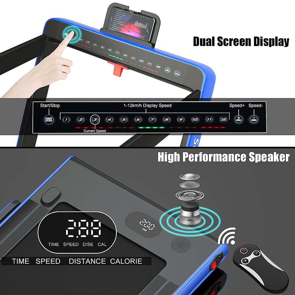 Dual Screen Display Start/Stop 1-12km/h Display Speed Speed+ Speed- o I 2 4 5 B 9 10 11 1 - - Current Speed S High Performance Speaker 288 TIME SPEED DISTANCE CALORIE
