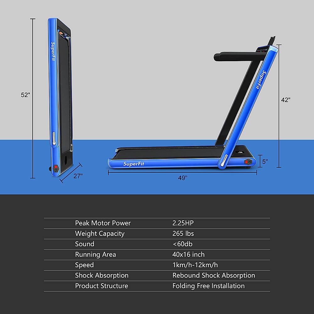 The text on the image is grouped and corrected as follows:
52" SuperFit 42" SuperFit 5" 27" 49" Peak Motor Power Weight Capacity Sound Running Area Speed Shock Absorption Product Structure 2.25HP 265 lbs qp09> 40x16 inch 1km/h-12km/h Rebound Shock Absorption Folding Free Installation