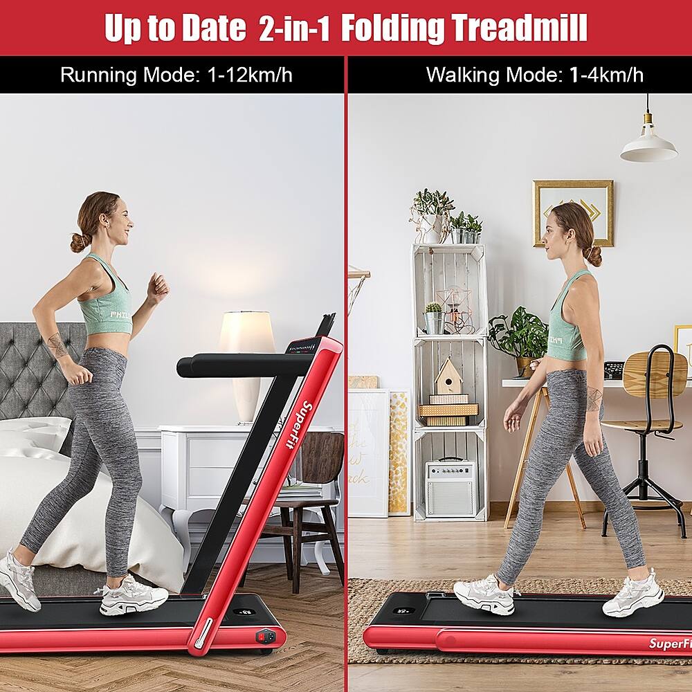 Up to Date 2-in-1 Folding Treadmill: Running Mode: 1-12 km/h, Walking Mode: 1-4 km/h.