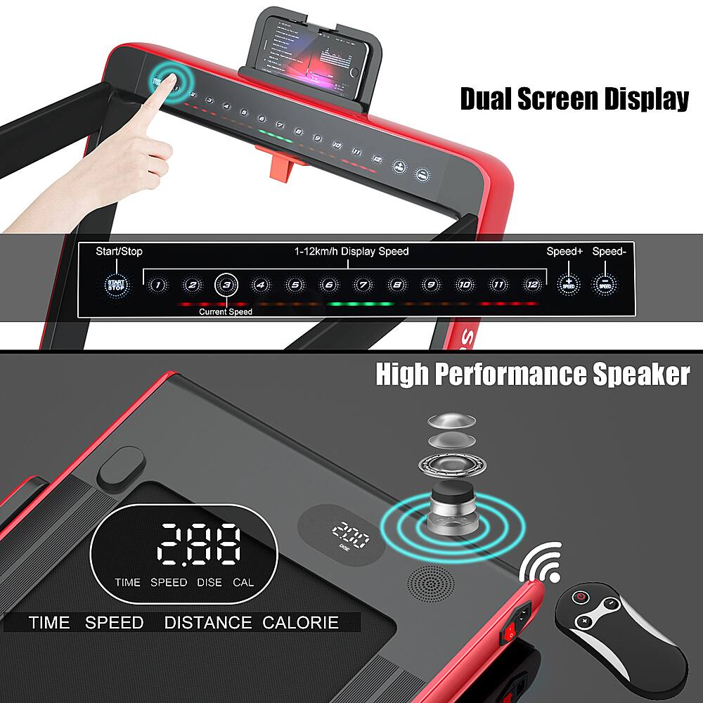 Dual Screen Display: Start/Stop, 1-12 km/h Display Speed, Speed+, Speed-, Current Speed, Time, Speed, Distance, Calorie. High Performance Speaker.