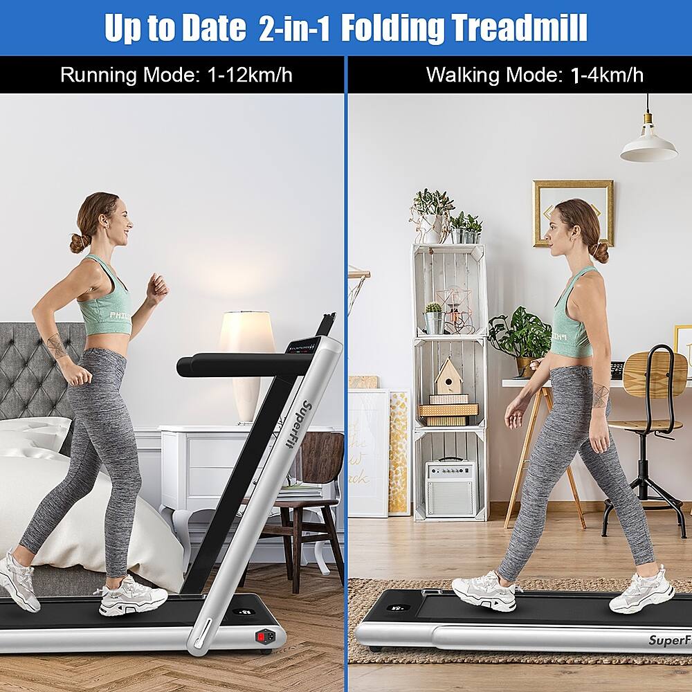 Up to date 2-in-1 folding treadmill: Running mode: 1-12 km/h, Walking mode: 1-4 km/h.