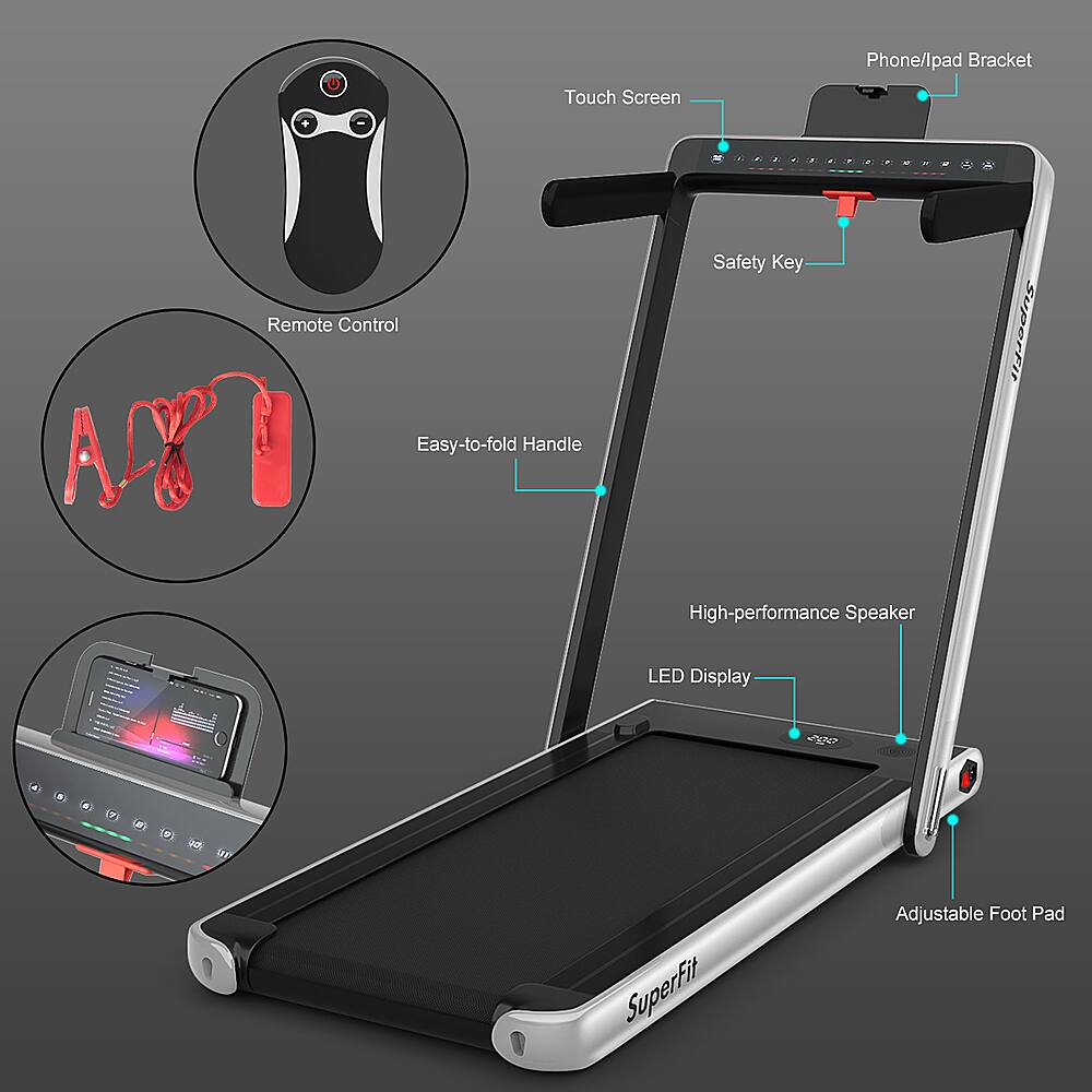 The image shows a SuperFit product that includes a phone/tablet bracket, touch screen remote control, easy-to-fold handle, safety key, high-performance speaker, LED display, and adjustable foot pad.
