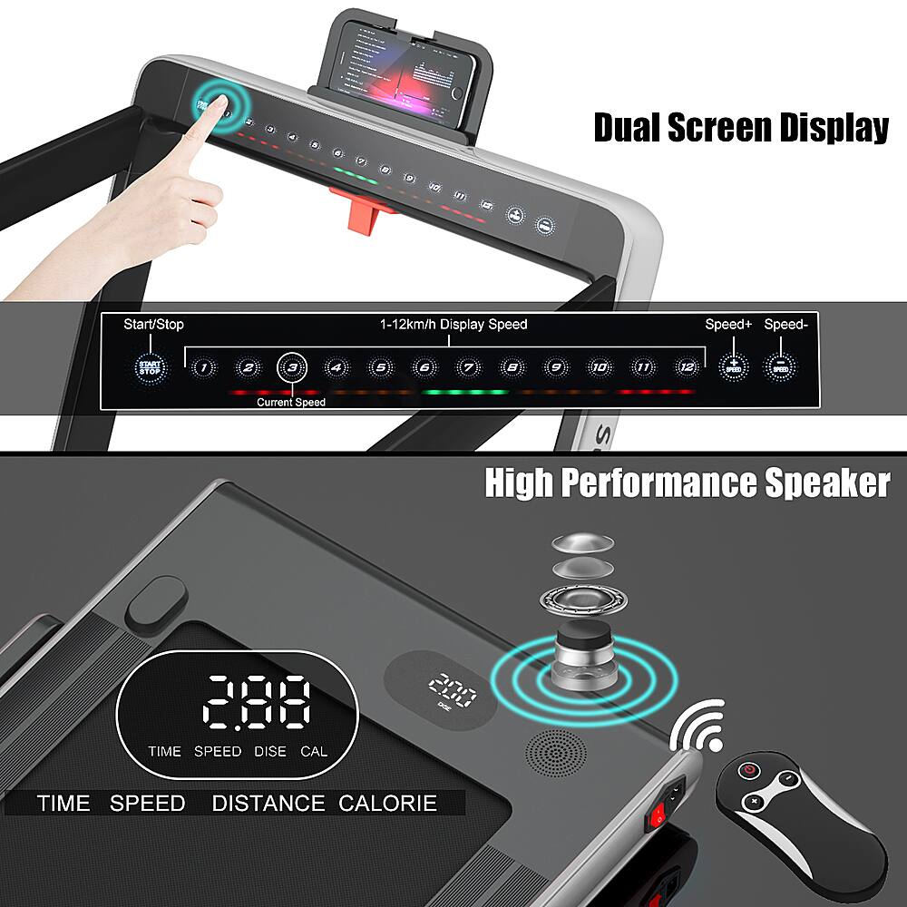 The text on the image is grouped as follows:

1. Dual Screen Display: Start/Stop, 1-12km/h Display Speed, Speed+, Speed-, Current Speed, High Performance Speaker.
2. Time, Speed, Distance, Calorie.