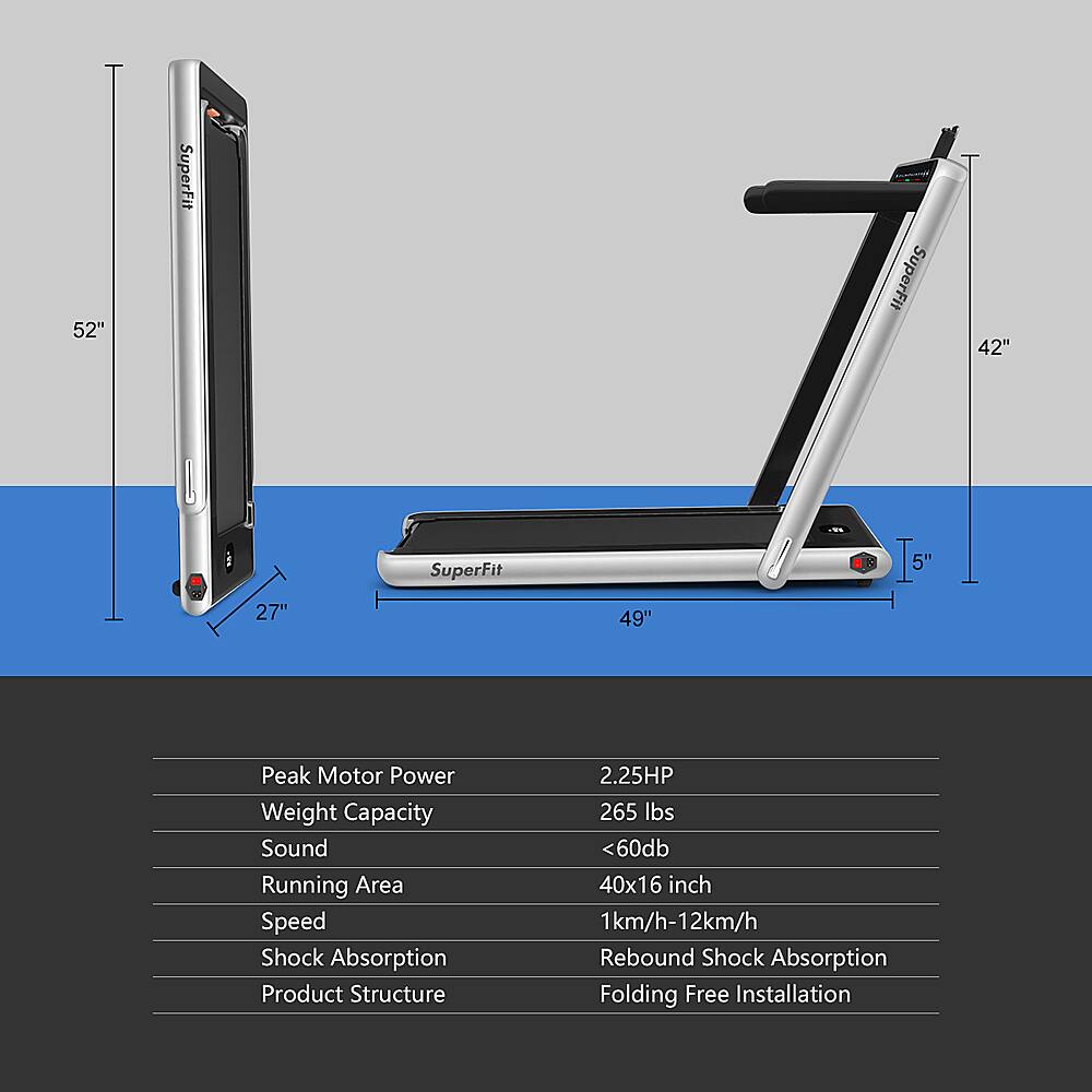 The text on the image is grouped and corrected as follows:

Peak Motor Power: 2.25HP
Weight Capacity: 265 lbs
Sound: 49"
Running Area: 42"
Speed: 27"
Shock Absorption: 40x16 inch
Product Structure: Folding Free Installation

The image features a product with a 52" SuperFit T, which is a piece of exercise equipment. The product has a weight capacity of 265 lbs and is designed for peak motor power of 2.25HP. The running area is 42" in size, and the product is equipped with a shock absorption feature that measures 40x16 inches. The product is foldable and comes with a free installation.