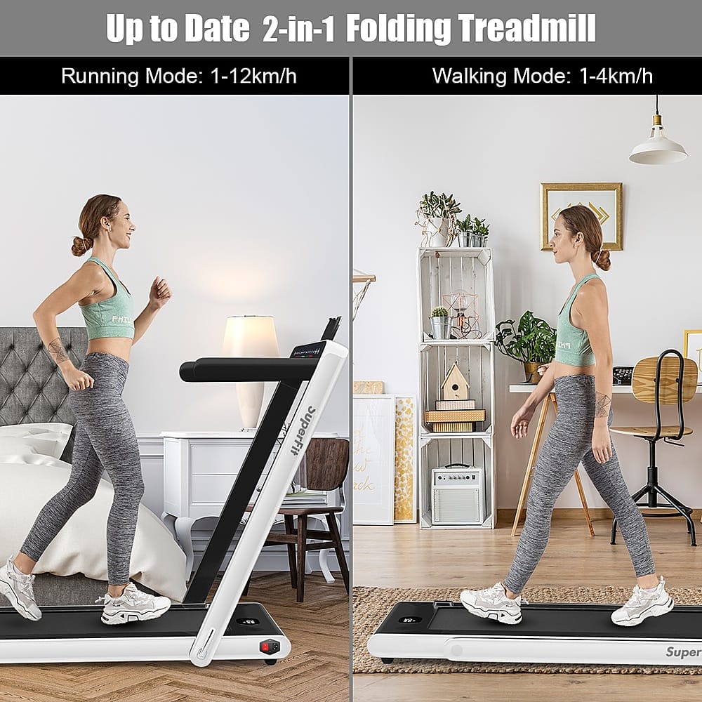 Up to Date 2-in-1 Folding Treadmill: Running Mode: 1-12 km/h, Walking Mode: 1-4 km/h.
