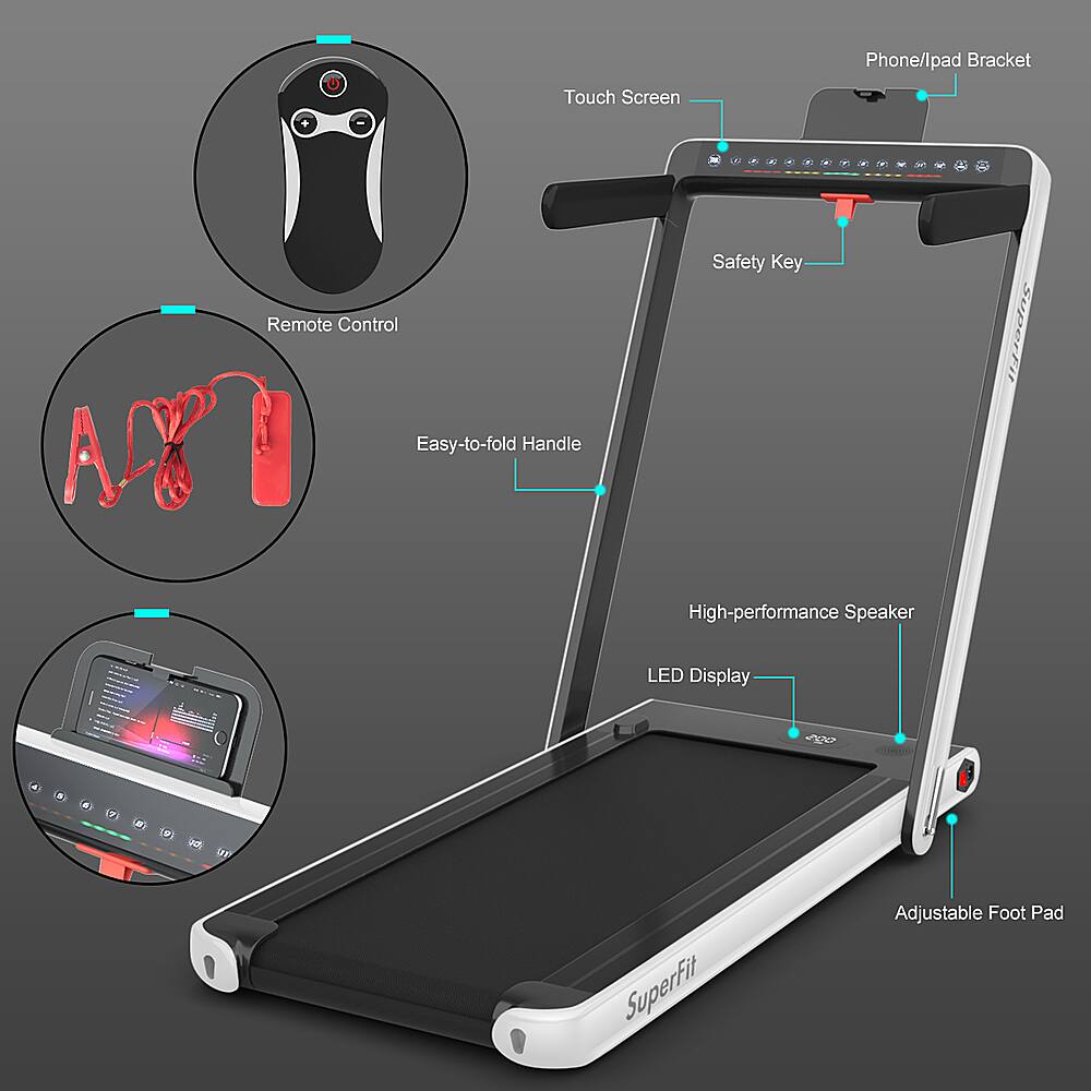 The image features a SuperFit exercise machine with various components and accessories. The machine includes a phone/tablet bracket for easy viewing, a touch screen remote control for easy operation, and a safety key for added security. The machine also has a high-performance speaker for an enhanced audio experience, and a SuperFit LED display for clear visual feedback. Additionally, the machine comes with an adjustable foot pad for added comfort and customization.