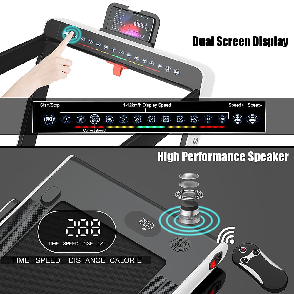 The image shows a person pointing at a device with a display screen, which is likely a fitness machine or a smartphone. The device has a dual screen display, and it is equipped with a high performance speaker. The person is using the device to track their speed, distance, and calorie burn during their workout. The image also features a remote control, which can be used to operate the device or adjust settings.