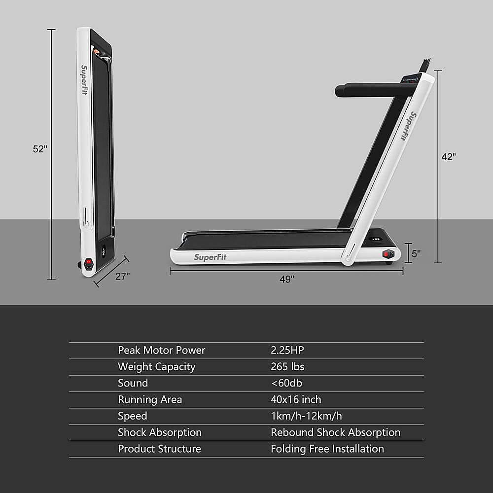 The text on the image is grouped and corrected as follows:

Peak Motor Power: 2.25HP
Weight Capacity: 265 lbs
Sound: 40x16 inch
Running Area: 1km/h-12km/h
Rebound Shock Absorption: 49"
Product Structure: Folding Free Installation

The image shows a treadmill and a weight machine, both with the SuperFit brand name. The treadmill has a 2.25HP motor and a weight capacity of 265 lbs. The running area is 1km/h-12km/h, and it features a 40x16 inch sound system. The weight machine has a 49" rebound shock absorption feature, and it comes with a folding free installation.