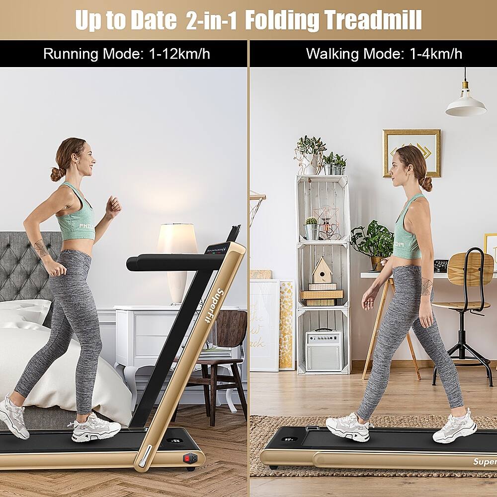 Up to date 2-in-1 folding treadmill running mode: 1-12 km/h walking mode: 1-4 km/h.