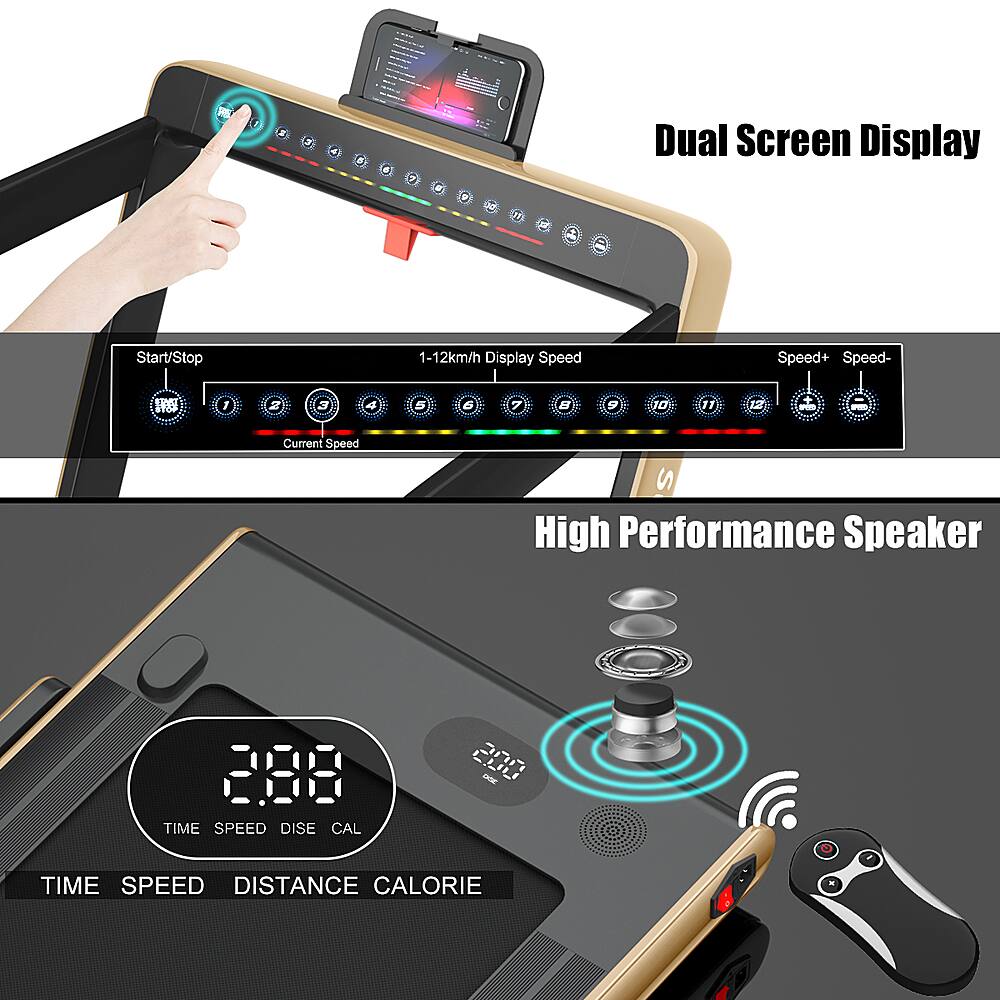 The image features a device with a dual screen display, which includes a speedometer and a timer. The speedometer shows the current speed, and the timer displays the elapsed time. Additionally, the device has a high-performance speaker, which can enhance the user's experience while exercising or engaging in other activities. The image also includes a remote control, which can be used to operate the device and adjust settings as needed.