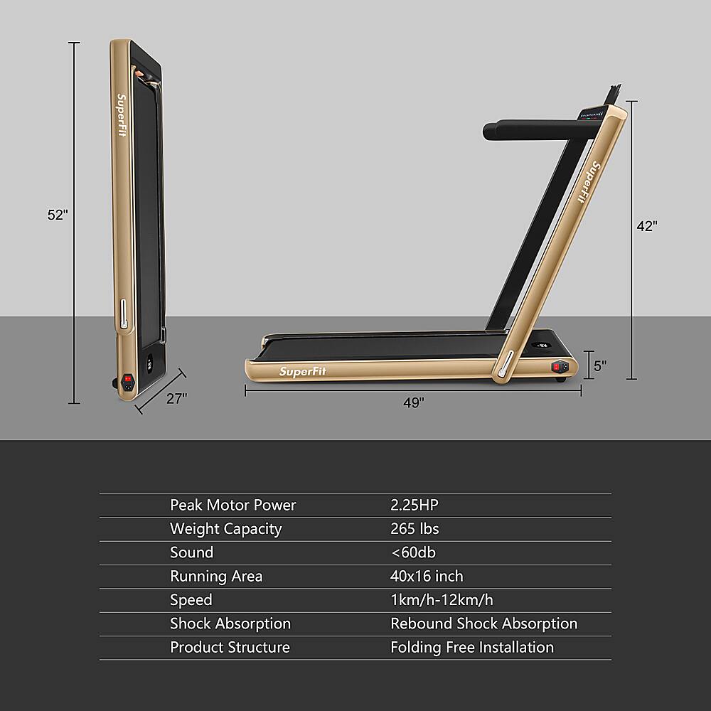 The text on the image can be grouped and corrected as follows:
1. Peak Motor Power: 2.25HP
2. Weight Capacity: 265 lbs
3. Sound: 49"
4. Running Area: 40x16 inch
5. Speed: 1km/h-12km/h
6. Shock Absorption: 1km/h-12km/h
7. Product Structure: Folding Free Installation
The image features a product with a 52" frame and a 42" frame, both labeled "SuperFit." The product is designed to provide peak motor power, weighing 265 lbs, and has a sound feature. The running area is 40x16 inches, and the product offers shock absorption capabilities. The product structure is designed for folding free installation, making it a convenient and practical option for users.