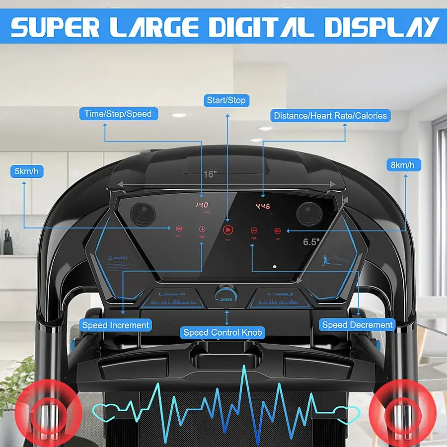 SUPER LARGE DIGITAL DISPLAY Time/Step/Speed Start/Stop Distance/Heart Rate/Calories 5km/h 16" 8km/h 40 446 - .  sm E - 1 - 6.5" ARRvNG SPt Speed Increment Speed Control Knob Speed Decrement