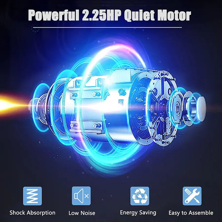 Powerful 2.25HP Quiet Motor with Shock Absorption, Low Noise, and Energy Saving Features, Easy to Assemble.