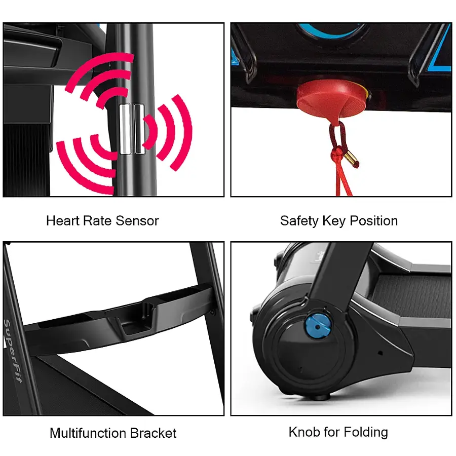 Heart Rate Sensor, Safety Key Position, SuperFit Multifunction Bracket, Knob for Folding.