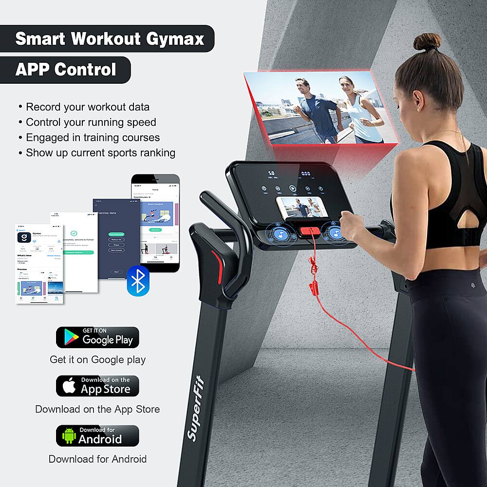 Smart Workout Gymax APP Control: Record your workout data, control your running speed, and engage in training courses. Show up current sports ranking. Get it on Google Play and the App Store. Download for Android. SuperFit.