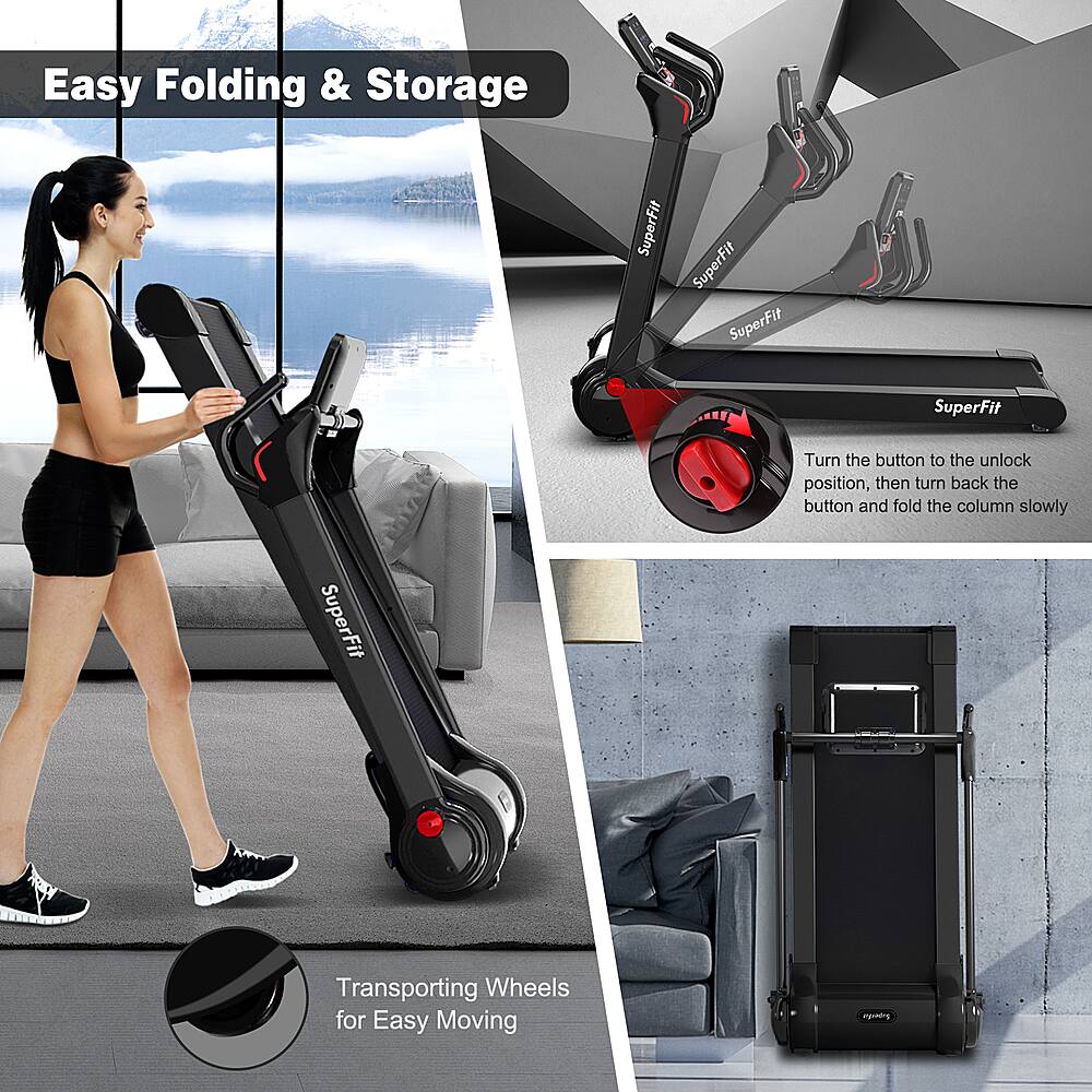 Easy Folding & Storage SuperFit SuperFit SuperFit SuperFit Turn the button to the unlock position, then turn back the button and fold the column slowly SuperFit Transporting Wheels for Easy Moving
