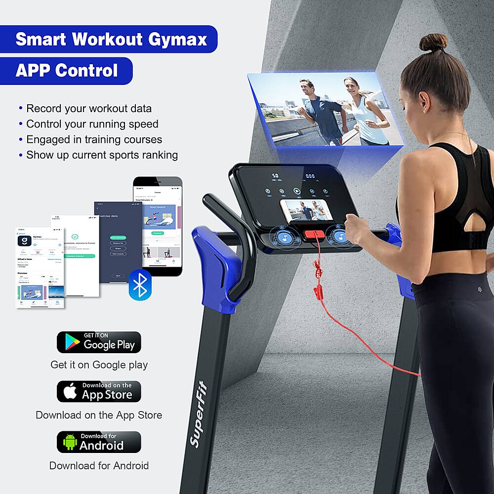 Smart Workout Gymax APP Control:

* Record your workout data
* Control your running speed
* Engage in training courses
* Show up current sports ranking
* 10 SOS ... i g
* Get it on Google Play
* Get it on the App Store
* Download on the App Store
* Download for Android
* SuperFit