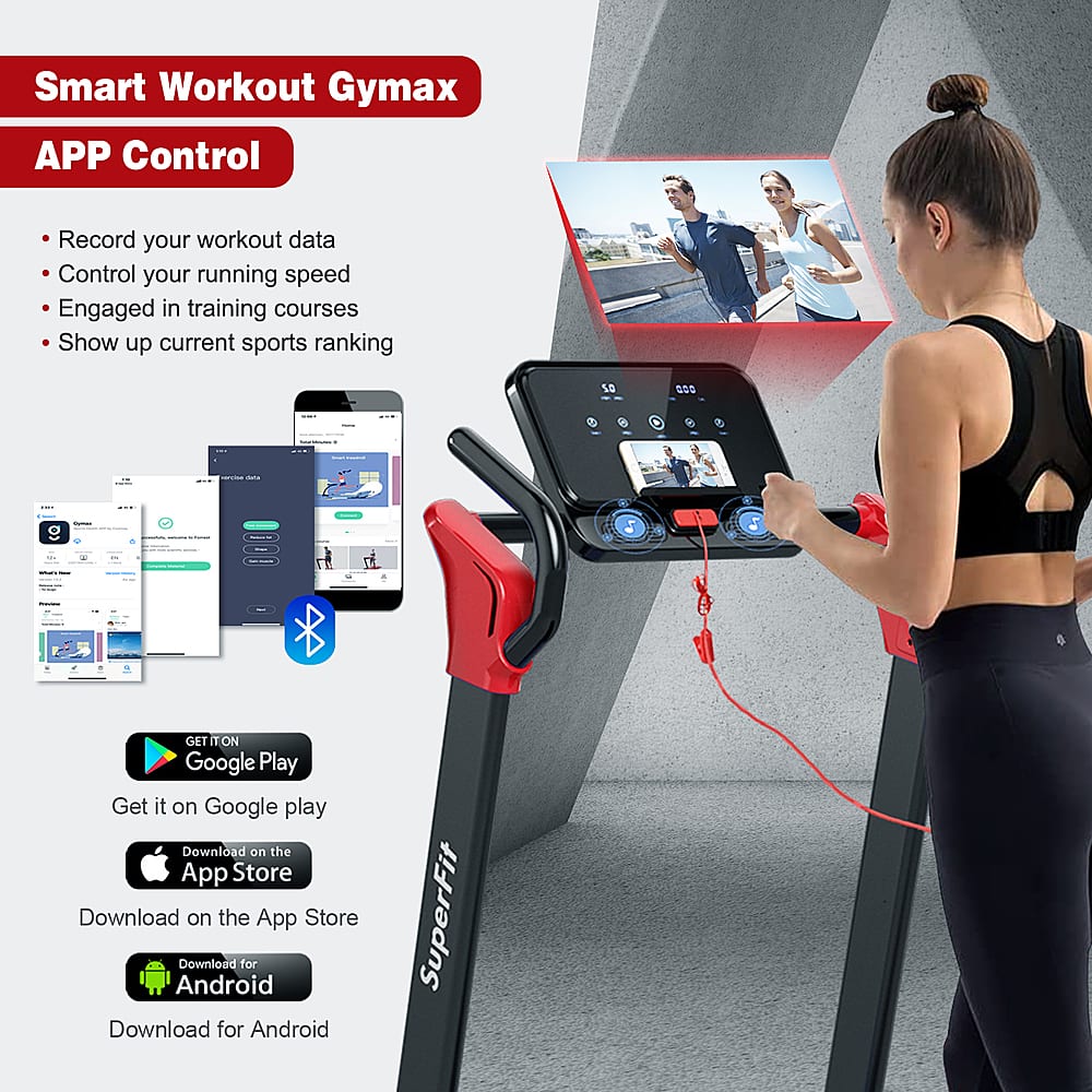 Smart Workout Gymax APP Control:
* Record your workout data
* Control your running speed
* Engage in training courses
* Show up current sports ranking
* Get it on Google Play
* Download on the App Store
* Download for Android
* SuperFit