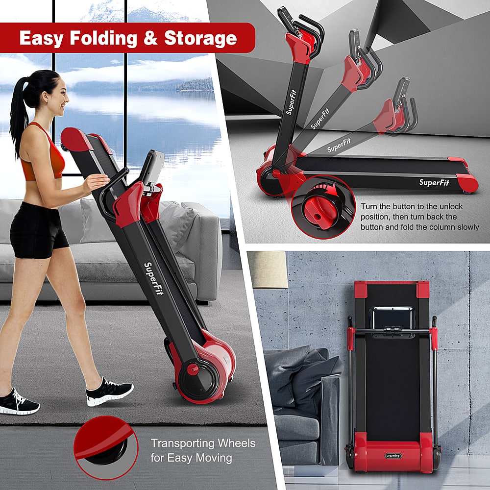Easy Folding & Storage SuperFit SuperFit SuperFit SuperFit Turn the button to the unlock position, then turn back the button and fold the column slowly Transporting Wheels for Easy Moving