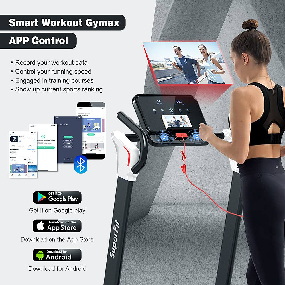 Smart Workout Gymax APP Control: Record your workout data, control your running speed, and engage in training courses. Show up current sports ranking. Get it on Google Play or download on the App Store. Download for Android. SuperFit.