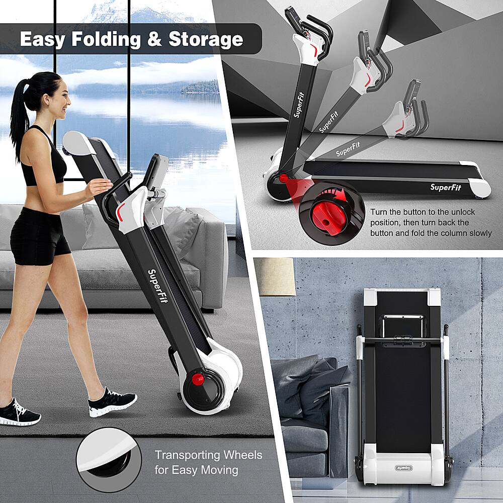 Easy Folding & Storage SuperFit SuperFit SuperFit SuperFit Turn the button to the unlock position, then turn back the button and fold the column slowly SuperFit Transporting Wheels for Easy Moving sgmin