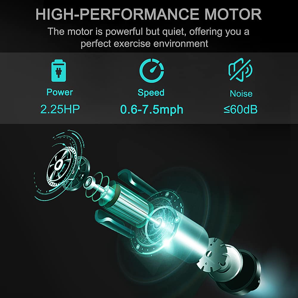 High-Performance Motor: The motor is powerful but quiet, offering you a perfect exercise environment.
Power: 2.25HP
Speed: 0.6-7.5mph
Noise: <60dB