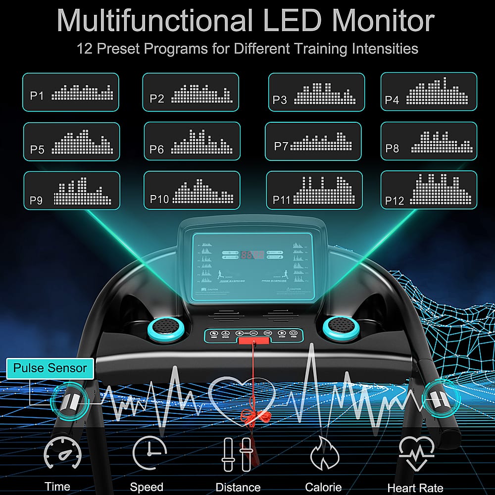 Multifunctional LED Monitor: 12 Preset Programs for Different Training Intensities
P1, P2, P3, P4, P5, P6, P7, P8, P9, P10, P11, P12
8888 - | Code Pulse Sensor
H Time, Speed, Distance, Calorie, Heart Rate