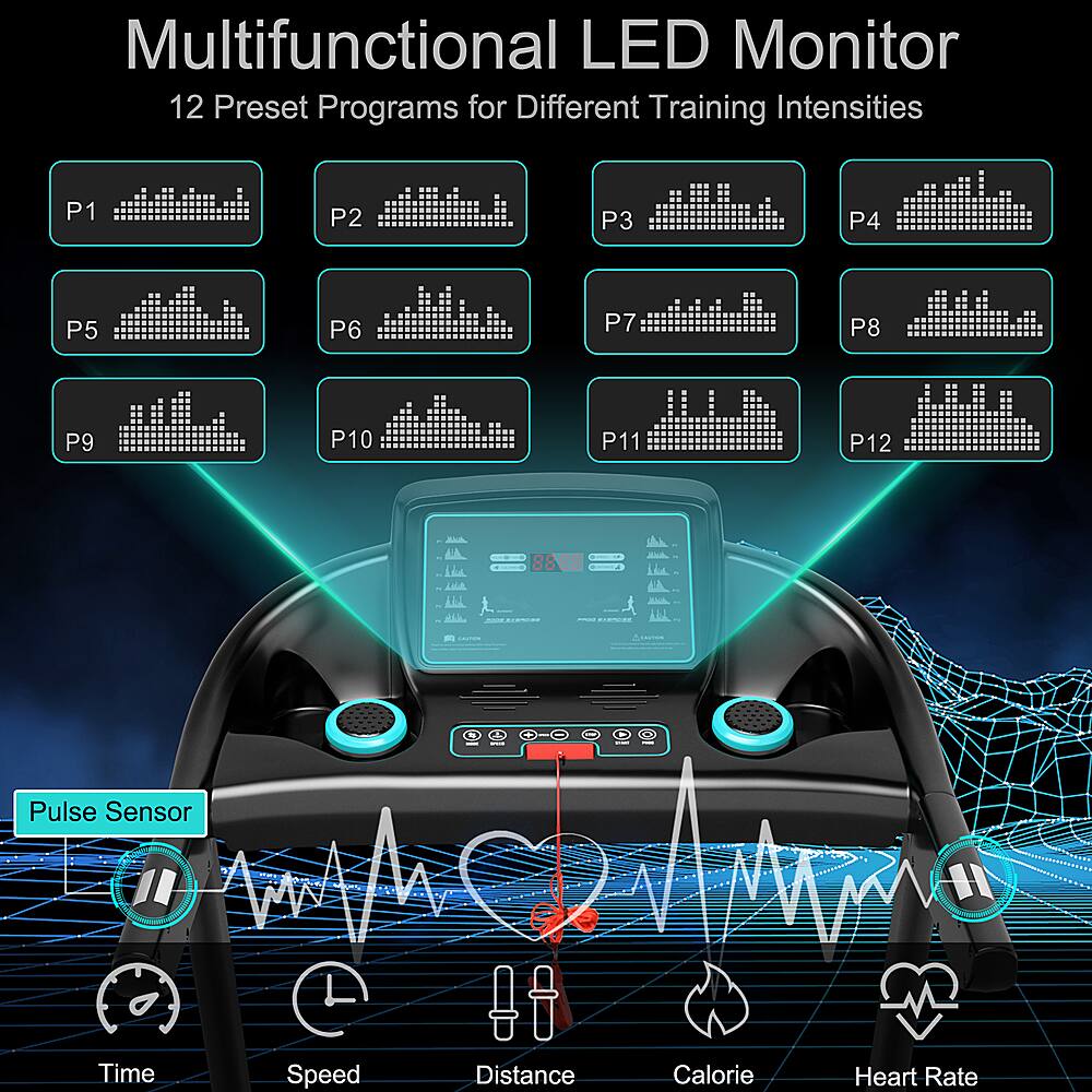 Multifunctional LED Monitor: 12 Preset Programs for Different Training Intensities
P1, P2, P3, P4, P5, P6, P7, P8, P9, P10, P11, P12
8888 - | Code Pulse Sensor
H Time, Speed, Distance, Calorie, Heart Rate