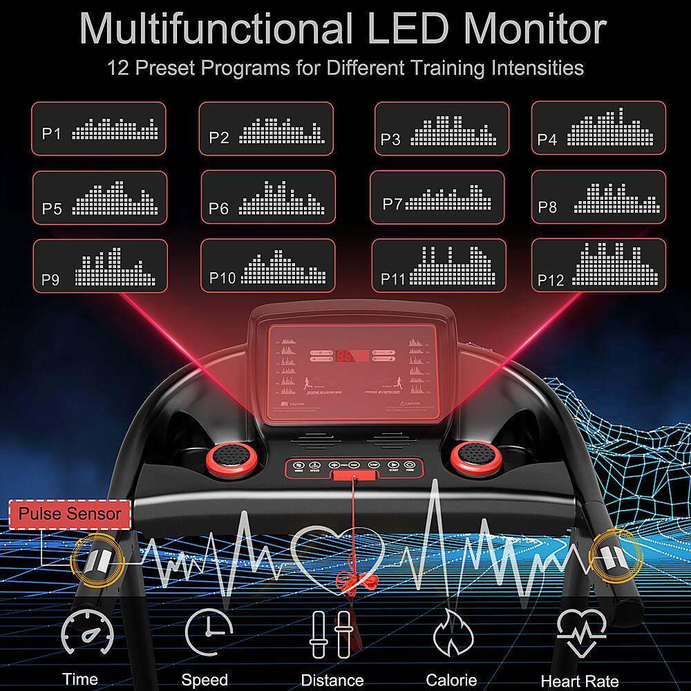Multifunctional LED Monitor: 12 Preset Programs for Different Training Intensities
P1, P2, P3, P4, P5, P6, P7, P8, P9, P10, P11, P12 - 8888 Pulse Sensor
H, Time, Speed, Distance, Calorie, Heart Rate