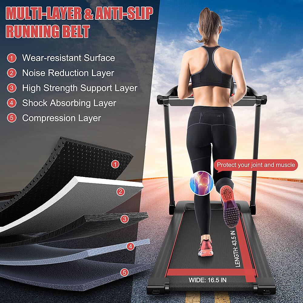 MULTI-LAYER & ANTI-SLIP RUNNING BELT
1. Wear-resistant Surface
2. Noise Reduction Layer
3. High Strength Support Layer
4. Shock Absorbing Layer
5. Compression Layer
Protect your joints and muscles with our wide (16.5 inches) and long (43.5 inches) running belt.