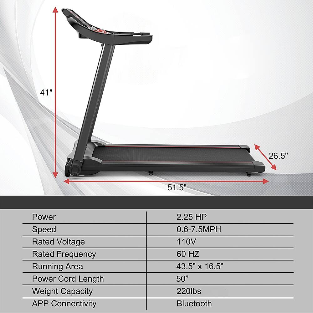The image shows a treadmill with a black frame and a red button. The treadmill is 41 inches long, 26.5 inches wide, and 51.5 inches tall. It has a power speed of 2.25 HP, a rated voltage of 110V, a rated frequency of 60 HZ, and a running area of 43.5 inches by 16.5 inches. The power cord length is 50 inches, and the weight capacity is 220 lbs. The treadmill also has Bluetooth connectivity and an APP.
