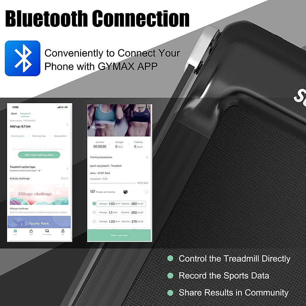Bluetooth Connection Conveniently Connect Your Phone with GYMAX APP
1. Start Treadmill - 0.1 km
2. Beginner Running - Running - Competition - 1.00:00:00
3. Treadmill equipment
4. Freadmill activity challenge
5. Moreage challenge
6. Training milestone
7. Categories
8. 280 Soal ininage chalenge
9. See where you and nemming become
10. Moreage challenge
11. Calories 200
12. Sports Rank - 1.23
13. Calories 210
14. Start Treadmill
15. Control the Treadmill Directly
16. Record the Sports Data
17. Share Results in Community