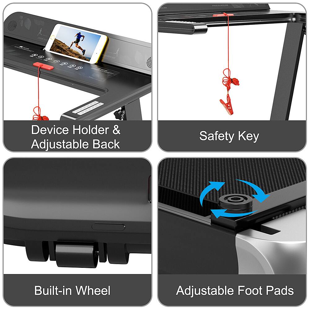 Built-in Wheel, Device Holder & Adjustable Back, Safety Key, Adjustable Foot Pads.