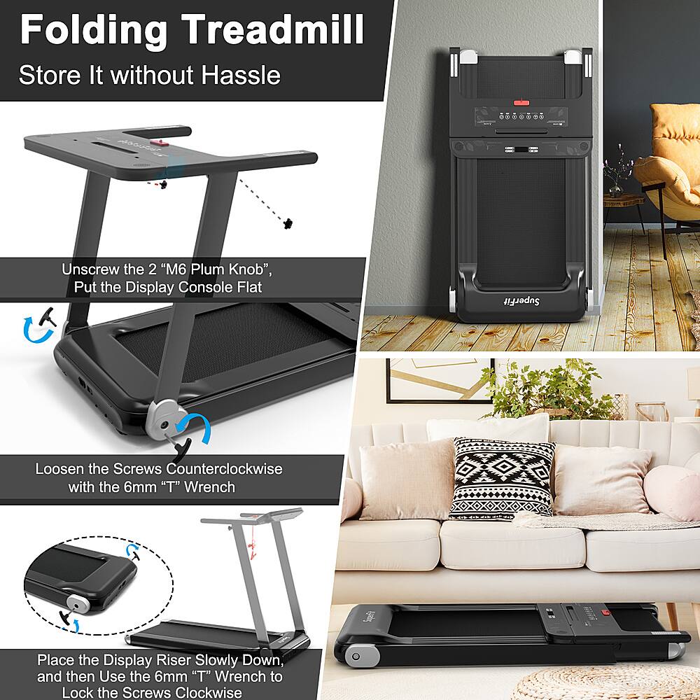 Folding Treadmill: Store It without Hassle
Unscrew the 2 "M6 Plum Knob"
Put the Display Console Flat
Loosen the Screws Counterclockwise with the 6mm "T" Wrench
Place the Display Riser Slowly Down
and then Use the 6mm "T" Wrench to Lock the Screws Clockwise