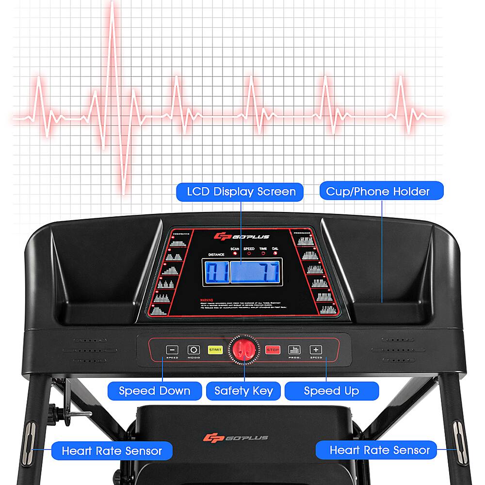 The image features a treadmill with a heart rate sensor and a display screen. The treadmill also has a cup holder and a phone holder, making it a convenient and functional piece of exercise equipment. The heart rate sensor is a key component of the treadmill, allowing users to monitor their heart rate during workouts. The display screen provides information about the user's progress, such as speed, distance, and time. The treadmill is designed to help users achieve their fitness goals in a safe and efficient manner.