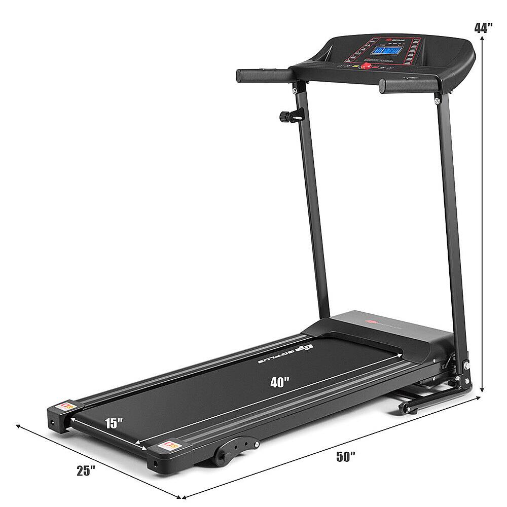 The text on the image reads "44" - 40" - 15" - 25" - DXS 50". It appears to be a description of the dimensions of a treadmill, with the numbers indicating the height, width, and length of the machine.