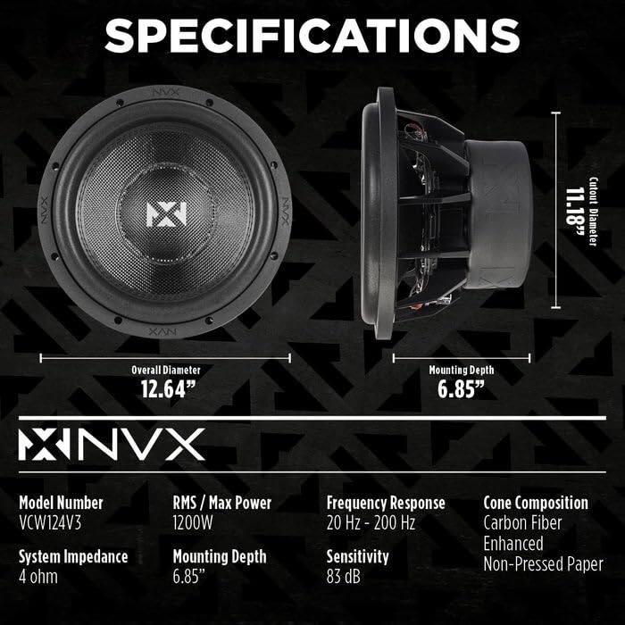 SPECIFICATIONS

- **Cutout Diameter:** 11.18"
- **Overall Diameter:** 12.64"
- **Mounting Depth:** 6.85"
- **Model Number:** VCW124V3
- **System Impedance:** 4 ohm
- **RMS / Max Power:** 1200W
- **Frequency Response:** 20 Hz - 200 Hz
- **Cone Composition:** Carbon Fiber Enhanced
- **Sensitivity:** 83 dB
- **Cone Material:** Non-Pressed Paper