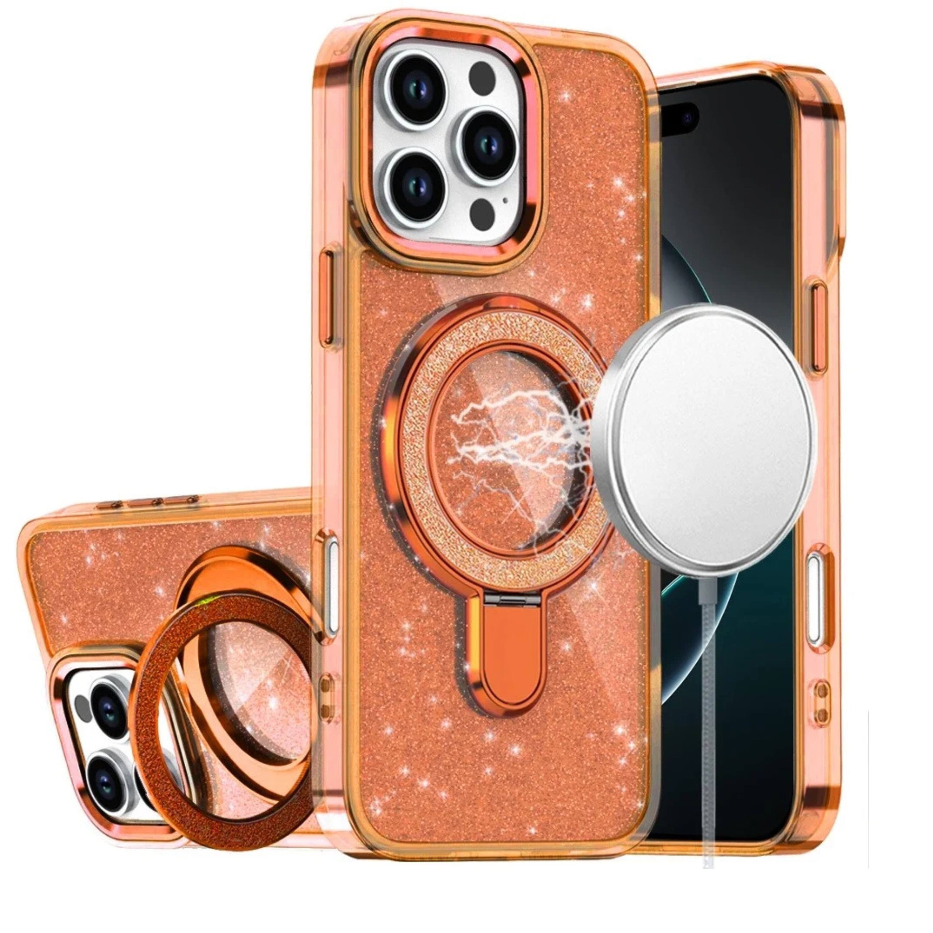 Front. Kitcheniva - Translucent Glitter Magnetic Circle Phone Case With Tempered Glass For iPhone 16 Pro Max 6.9 Inch Orange - Orange.