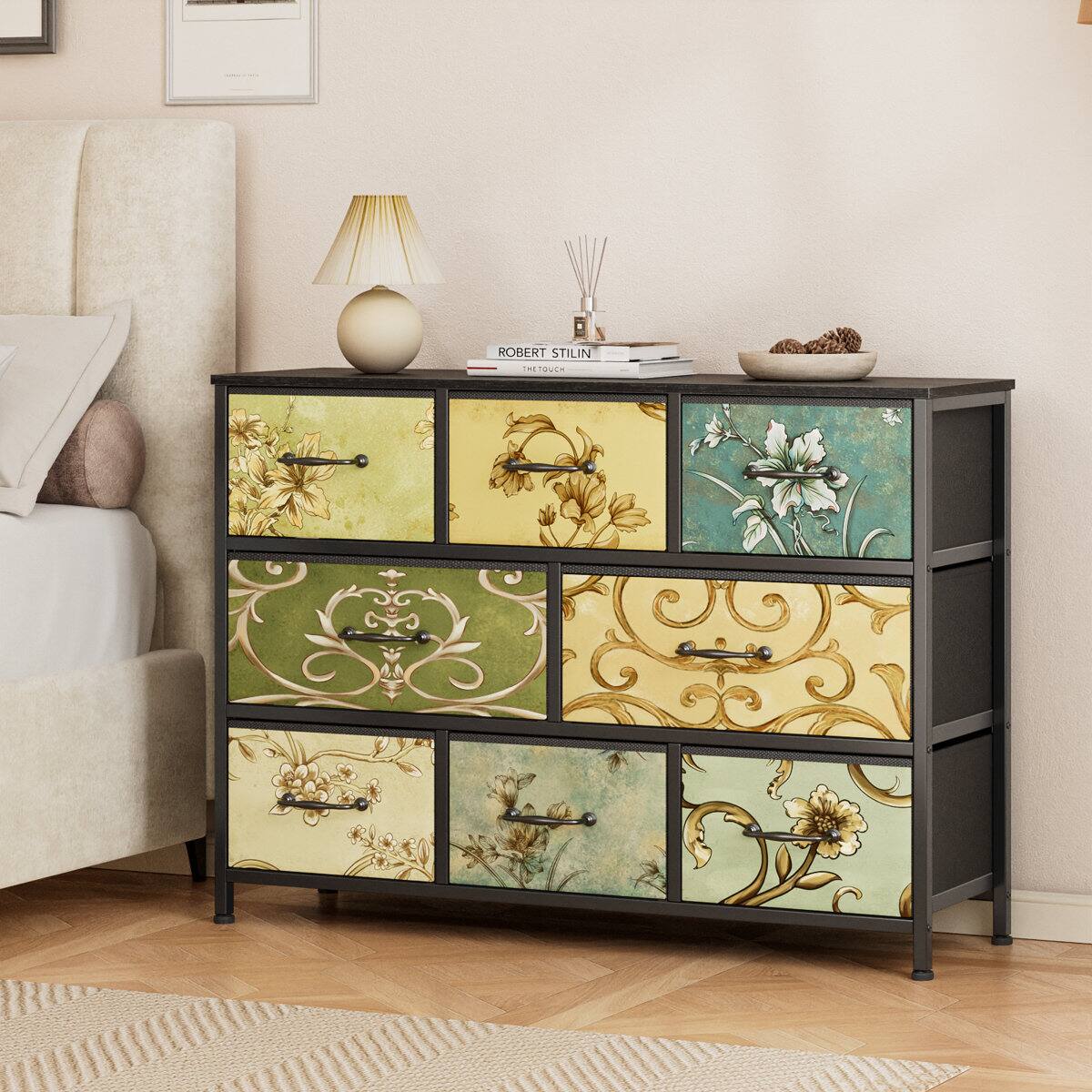 Furnulem - 8 Drawer Fabric Dresser with Wood Top Storage Chest - Multicolored