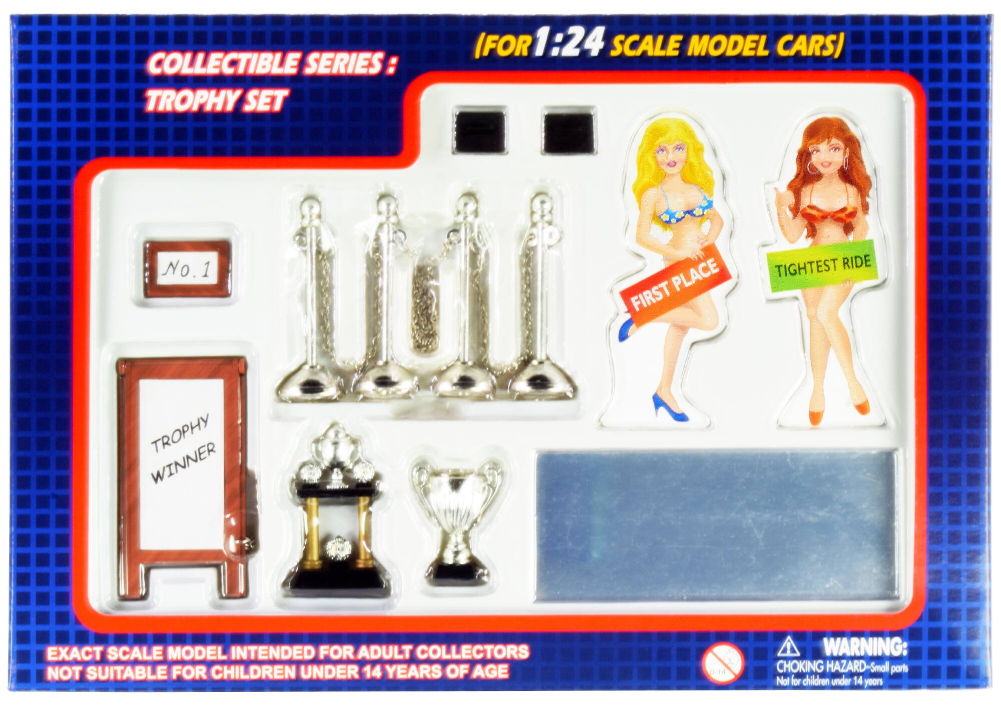 COLLECTIBLE SERIES: TROPHY SET (FOR 1:24 SCALE MODEL CARS)  
No.1  
1 PLACE  
FIRST  
TIGHTEST RIDE  
TROPHY WINNER  
EXACT SCALE MODEL INTENDED FOR ADULT COLLECTORS  
NOT SUITABLE FOR CHILDREN UNDER 14 YEARS OF AGE  

WARNING: CHOKING HAZARD - Small parts  
Not for children under 14 years